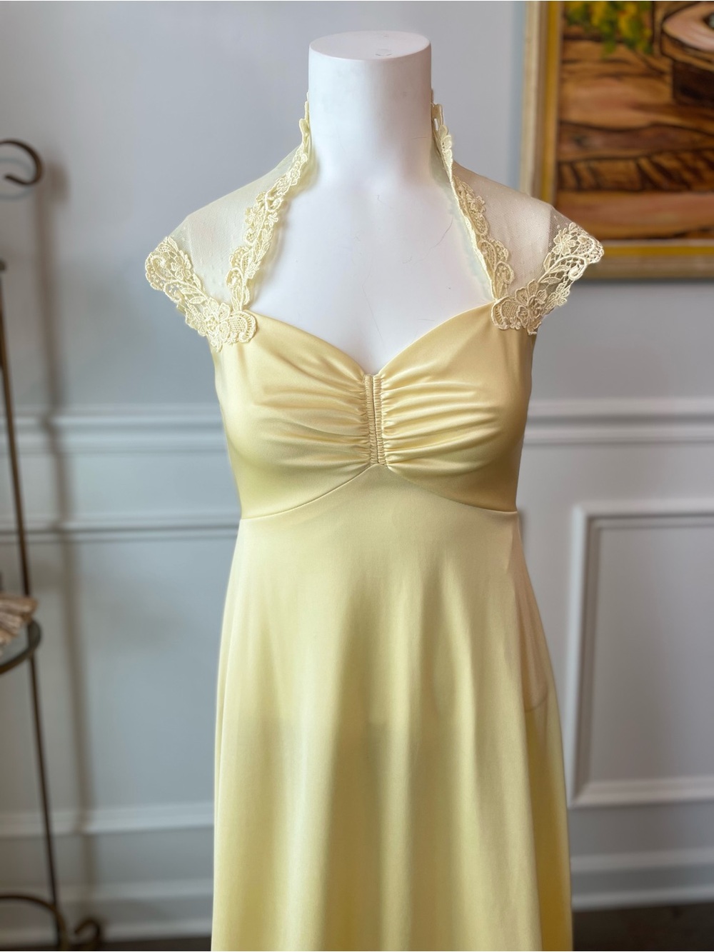 Vintage 1970s Butter Yellow Nylon Lace Maxi Dress